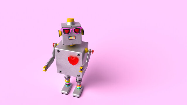 3d robot with heart symbol on pink background representing love