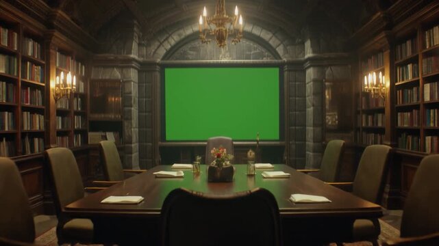 university library room with books with green screen
