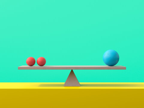 Geometric spheres balancing on a concrete plank symbolizing stability