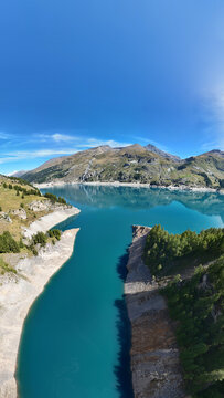Aerial panoramic view of Lac du Chevril, Tignes, Savoy, Auvergne-Rhone-Alpes, France, Europe.