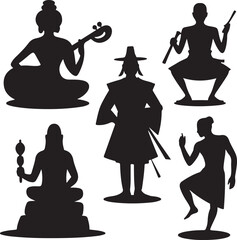 Silhouettes of people in various poses and attire isolated on white background