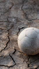 Old worn out white soccer ball resting on dry cracked earth ground feeling lonely and abandoned in barren landscape symbolizing poverty and loss of childhood dreams