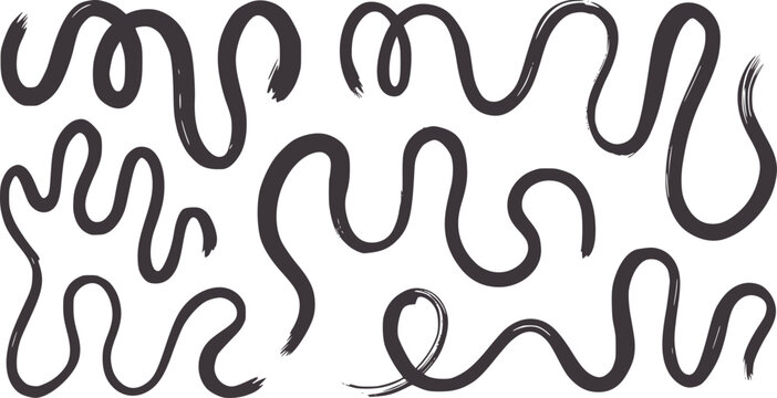 Hand drawn black ink squiggles in various shapes and sizes handdrawn lines
