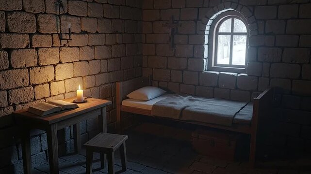 Old stone room with a simple bed, wooden table, and a lit candle near an arched window, conveying a somber mood.