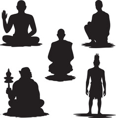 Silhouettes of people in various sitting and standing yoga meditation poses