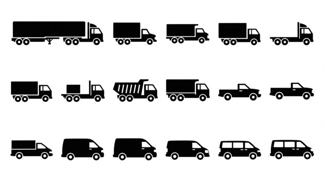 Collection of Various Truck Silhouettes for Transportation and Logistics.