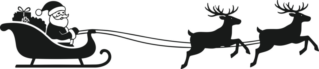 Black Santa sleigh silhouette vector illustration, Christmas holiday reindeer flying festive design, magical seasonal decoration art celebration concept © Hafeza