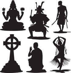 silhouettes of various cultural and religious figures and symbols