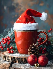 Nahaufnahme einer roten Tasse mit Weihnachtsmannm&uuml;tze auf einer Baumscheibe. Weihnachtliche Dekoration.