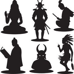 Silhouettes of various cultural figures from around the world in black