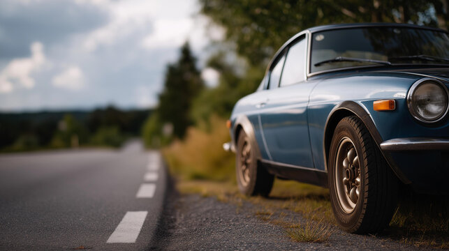 An abandoned vehicle on the side of the road with visibly flat tires, depicting the consequences of neglecting car tire pressure, highlighting the need for regular checks and maintenance. cinematic