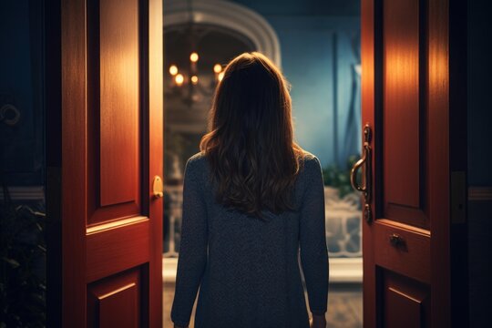 Woman standing at an open doorway, stepping towards a new chapter