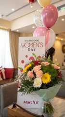 Festive card for International Women's Day with flowers and balloons, celebrating March 8th