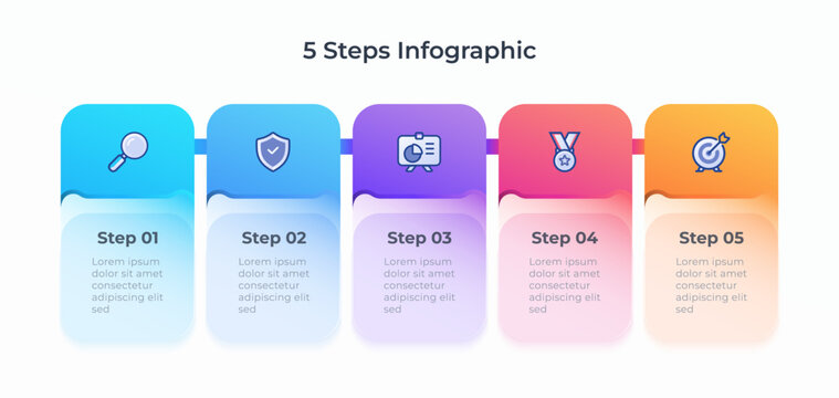 Modern business infographic template with 5 steps and gradient. Timeline process with marketing icons. Ideal for business presentations, marketing reports