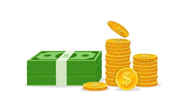 Money and Gold Coins Flat Animation on White Background