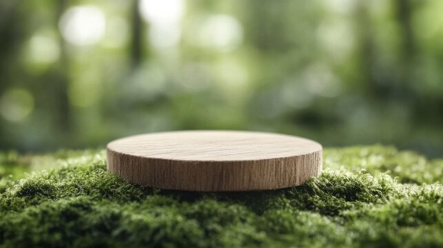 Eco friendly wooden podium stage with natural moss background, organic product display, minimal clean cosmetic skincare branding mockup light.