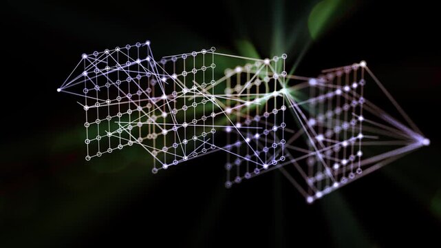 3D Animation of a Deep Learning Neural Network, Loops.
An abstract visualization of an artificial intelligence (AI) neural network with glowing nodes and connecting lines.