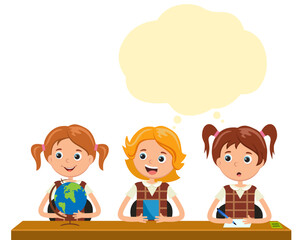 A girl at School, thinking. The girl came up with it. homework. A happy student. The student is smart. The bubble. A happy student. The student is smart.