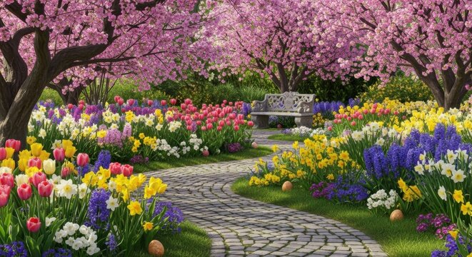 Spring garden blooming with colorful flowers and path