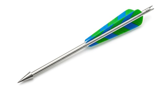 A silver arrow with blue and green fletching on a white background.