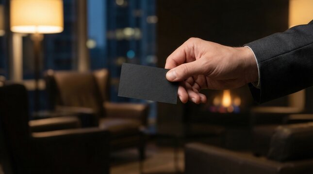 Hand holding blank black business card presenting it in a luxury office lounge at night with copy space for design mockup for exclusive professional networking concept.