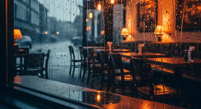 Warm and Inviting Cafe Ambiance on a Gloomy, Rain-Swept City Street seen through a Wet Window