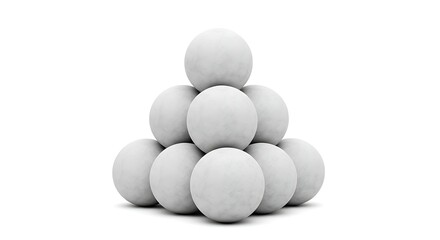 A pyramid of ten white spheres stacked in a triangular formation on a white background.