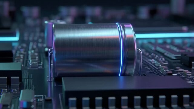 Close-up of a cylindrical electronic capacitor component illuminated with neon blue and magenta light.