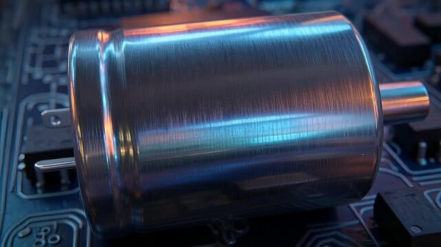 Detailed macro shot of a metallic electrolytic capacitor component mounted upon a circuit board