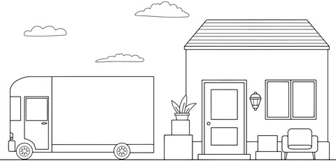 Moving house graphic black white sketch illustration vector