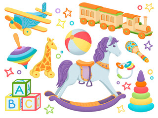 Obraz premium Cute hand drawn set of stickers with baby toys rocking horse, train, airplane, ball, blocks, giraffe and rattles. Nursery illustration, clip art, perfect for cards, stickers, home decoration