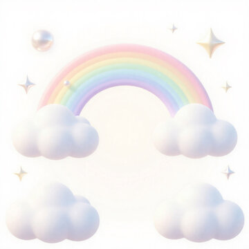 Soft pastel rainbow with fluffy clouds and dreamy sparkles on clean white background
