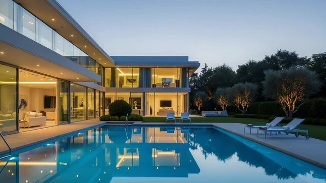 Luxury modern home with swimming pool at dusk