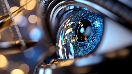 Close-up of a camera eye reflecting scales of justice with facial recognition grids in a courtroom