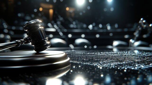 Digital courtroom with robotic gavel and data nodes creating a fusion of law and technology