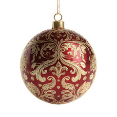 Elegant Gold and Red Christmas Ornament Bauble with Floral Pattern Isolated on White