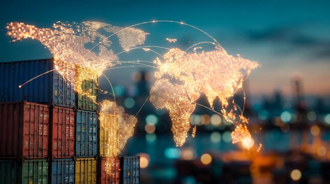 Global logistics network visualized over stacked shipping containers symbolizes interconnected worldwide trade and international supply chain management systems.