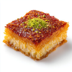 A delicious piece of baklava pastry with pistachio topping on a white background