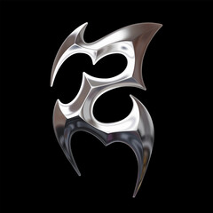 3D chrome letter Z with ornamental tribal geometry reflecting cybersigil aesthetic