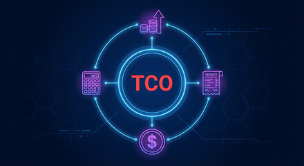 TCO Total cost of ownership concept with icons of invoice,coins, calculator and sum of cost.new
