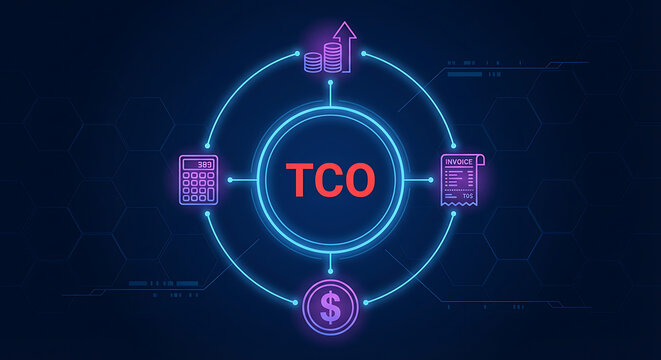 TCO Total cost of ownership concept with icons of invoice,coins, calculator and sum of cost.new