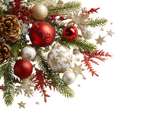 Christmas wreath with red baubles, pine cones, and glittery snowflakes on white background