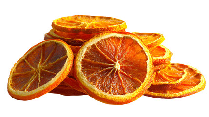 Dried Orange Slices Stacked on White Background, Vibrant Orange Hues