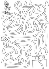 Ski race maze graphic black white sketch vertical illustration vector 