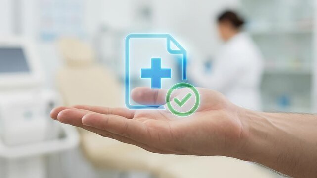 Medical check online checklist survey health care checkup research diagnosis report concept with hand holding digital and medical document icon plus check mark in clinic background