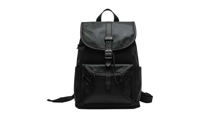 Naklejka premium Black, structured backpack with a flap closure, buckle, and drawstring. Features exterior pockets and adjustable straps. Isolated on a black background