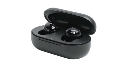 Naklejka premium Black wireless earbuds in an open charging case on a black background. The glossy buds rest inside the case with its lid ajar