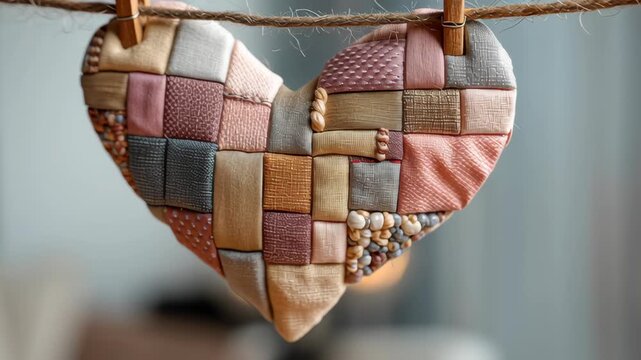 Valentine's day in eco friendly concept.heart patchwork fabric handmade eco valentine rustic decoration on rope with clothespin softly hanging cozy craft gift symbol of love home tender romantic mood