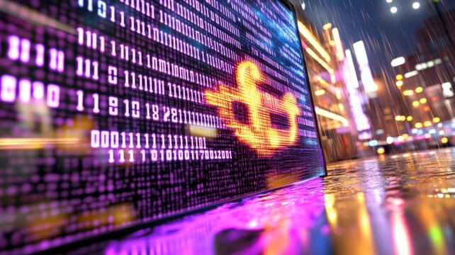 Nighttime view of futuristic legal tower with glowing gavel symbol and digital binary code rain