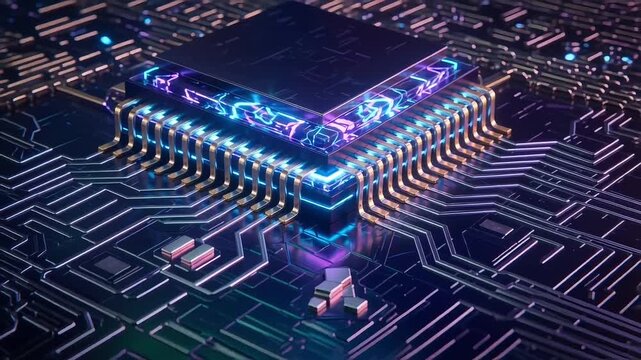 Glowing blue and purple energy pulses through a futuristic digital central processing unit chip